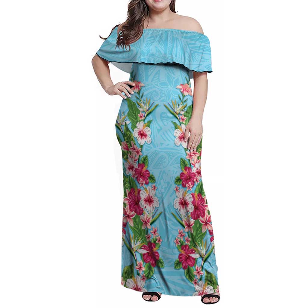 Hawaii Tropical Flowers Family Matching Off Shoulder Maxi Dress and Hawaiian Shirt Sky Blue Polynesian Tattoo Art