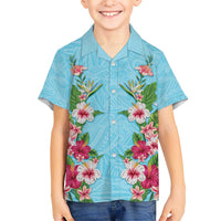 Hawaii Tropical Flowers Family Matching Off Shoulder Maxi Dress and Hawaiian Shirt Sky Blue Polynesian Tattoo Art