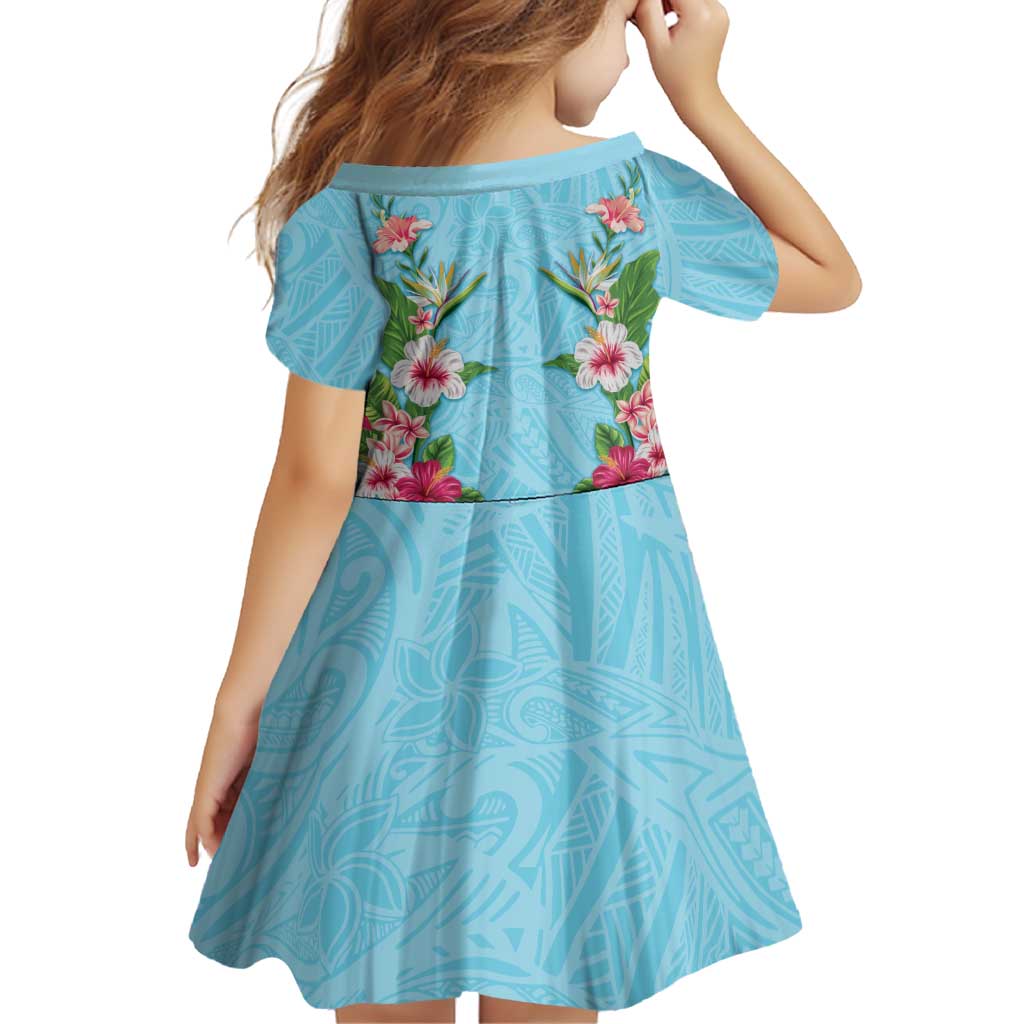 Hawaii Tropical Flowers Family Matching Off Shoulder Short Dress and Hawaiian Shirt Sky Blue Polynesian Tattoo Art
