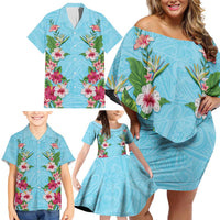 Hawaii Tropical Flowers Family Matching Off Shoulder Short Dress and Hawaiian Shirt Sky Blue Polynesian Tattoo Art