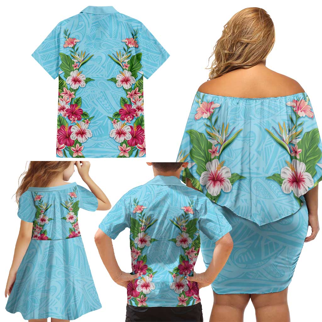 Hawaii Tropical Flowers Family Matching Off Shoulder Short Dress and Hawaiian Shirt Sky Blue Polynesian Tattoo Art