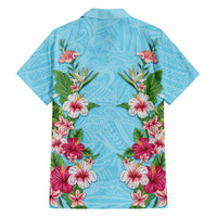 Hawaii Tropical Flowers Family Matching Off Shoulder Short Dress and Hawaiian Shirt Sky Blue Polynesian Tattoo Art