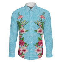 Hawaii Tropical Flowers Family Matching Off Shoulder Short Dress and Hawaiian Shirt Sky Blue Polynesian Tattoo Art