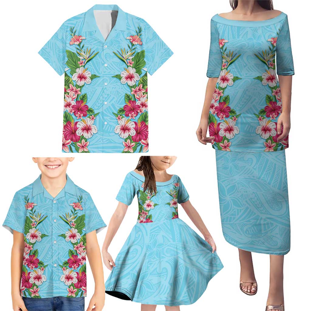 Hawaii Tropical Flowers Family Matching Puletasi and Hawaiian Shirt Sky Blue Polynesian Tattoo Art LT05 - Polynesian Pride