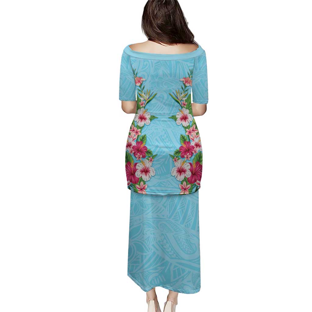 Hawaii Tropical Flowers Family Matching Puletasi and Hawaiian Shirt Sky Blue Polynesian Tattoo Art