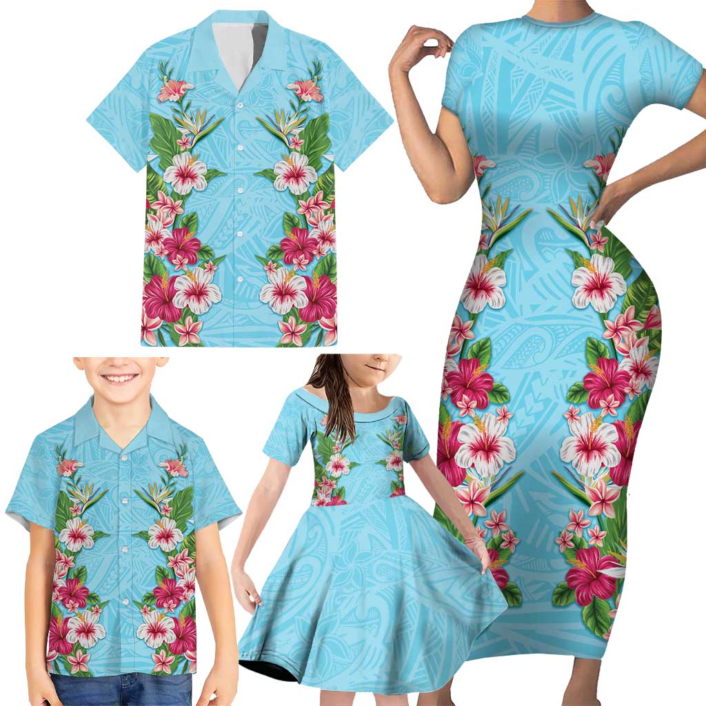 Hawaii Tropical Flowers Family Matching Short Sleeve Bodycon Dress and Hawaiian Shirt Sky Blue Polynesian Tattoo Art LT05 - Polynesian Pride