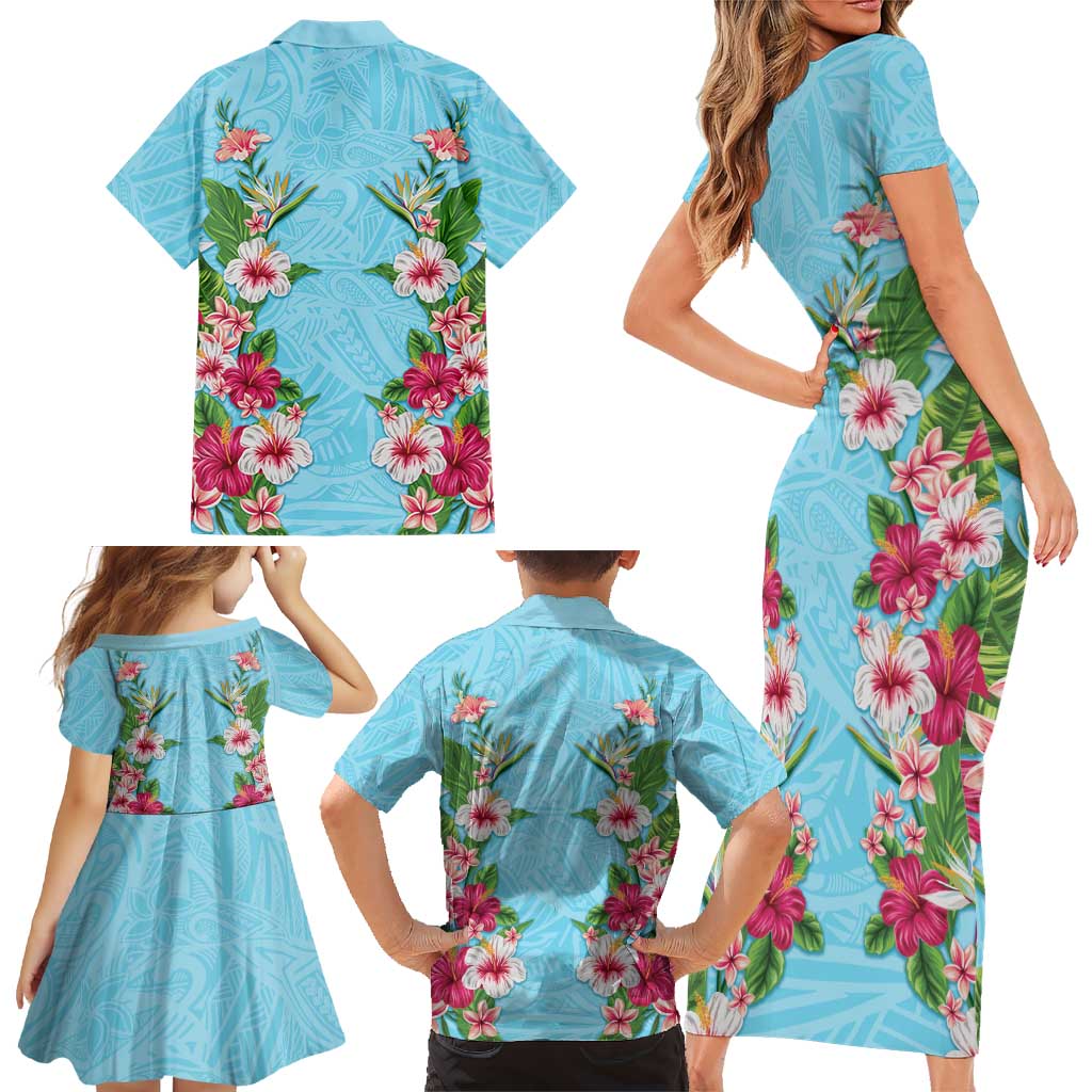 Hawaii Tropical Flowers Family Matching Short Sleeve Bodycon Dress and Hawaiian Shirt Sky Blue Polynesian Tattoo Art