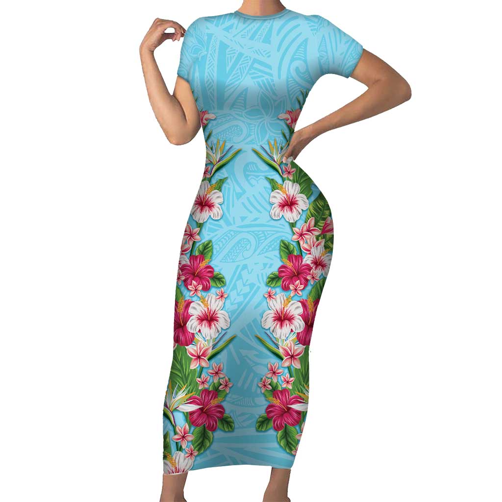 Hawaii Tropical Flowers Family Matching Short Sleeve Bodycon Dress and Hawaiian Shirt Sky Blue Polynesian Tattoo Art