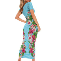 Hawaii Tropical Flowers Family Matching Short Sleeve Bodycon Dress and Hawaiian Shirt Sky Blue Polynesian Tattoo Art
