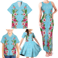 Hawaii Tropical Flowers Family Matching Tank Maxi Dress and Hawaiian Shirt Sky Blue Polynesian Tattoo Art