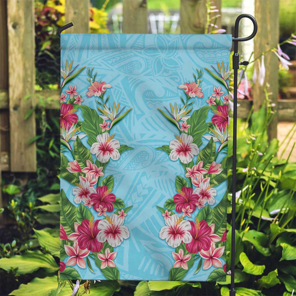 Hawaii Tropical Flowers Garden Flag Sky Blue Polynesian Tattoo Art LT05 Garden Flag Blue - Polynesian Pride