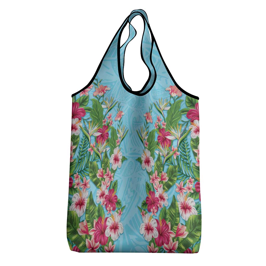 Hawaii Tropical Flowers Grocery Bag Sky Blue Polynesian Tattoo Art LT05 - Polynesian Pride