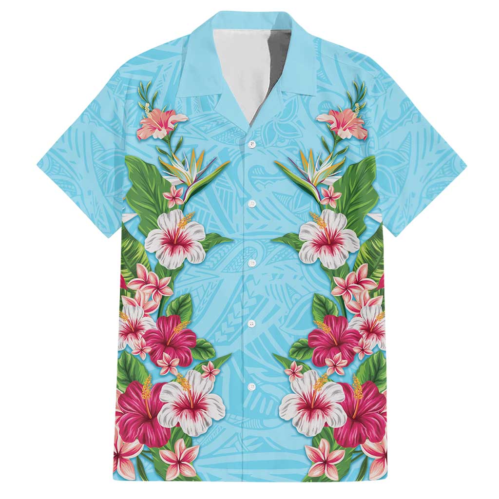 Hawaii Tropical Flowers Hawaiian Shirt Sky Blue Polynesian Tattoo Art LT05 Blue - Polynesian Pride