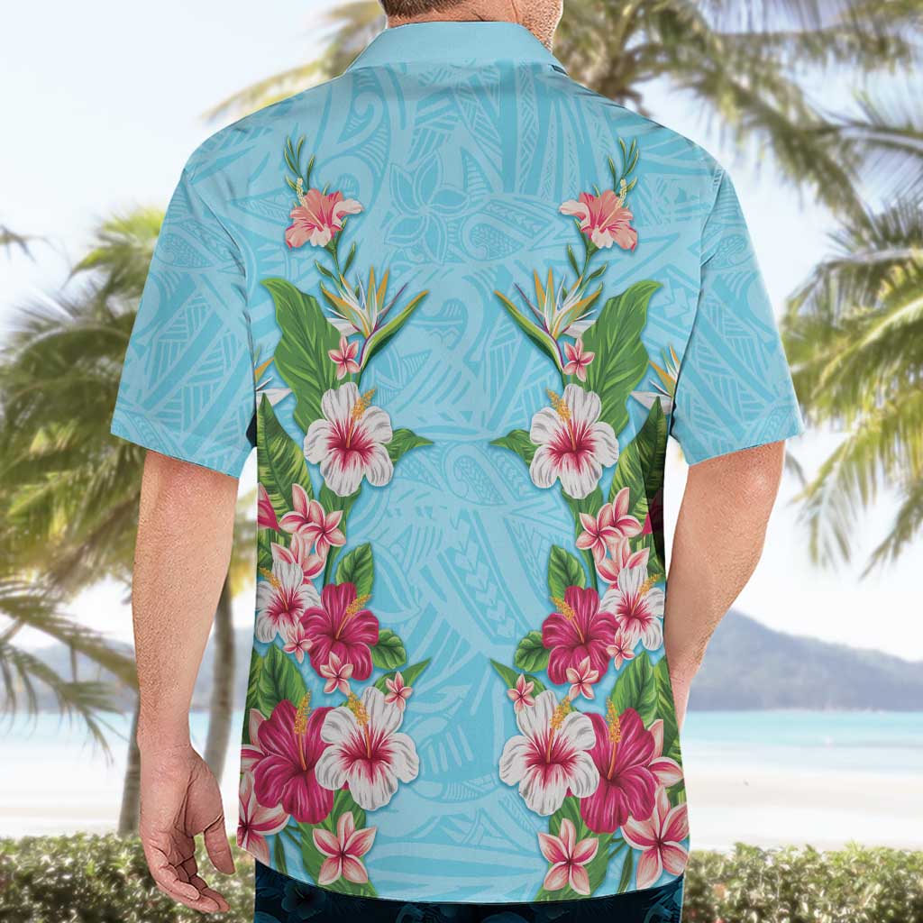 Hawaii Tropical Flowers Hawaiian Shirt Sky Blue Polynesian Tattoo Art LT05 - Polynesian Pride