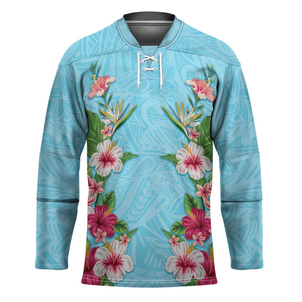 Hawaii Tropical Flowers Hockey Jersey Sky Blue Polynesian Tattoo Art LT05 Unisex Blue - Polynesian Pride