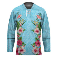 Hawaii Tropical Flowers Hockey Jersey Sky Blue Polynesian Tattoo Art LT05 Unisex Blue - Polynesian Pride