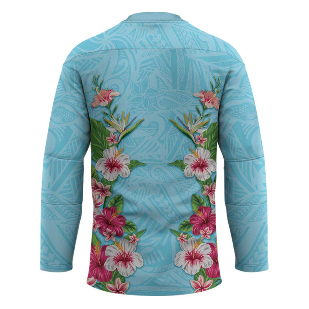 Hawaii Tropical Flowers Hockey Jersey Sky Blue Polynesian Tattoo Art LT05 - Polynesian Pride