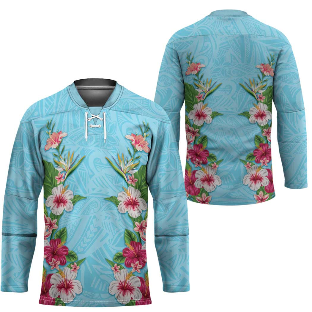 Hawaii Tropical Flowers Hockey Jersey Sky Blue Polynesian Tattoo Art LT05 - Polynesian Pride
