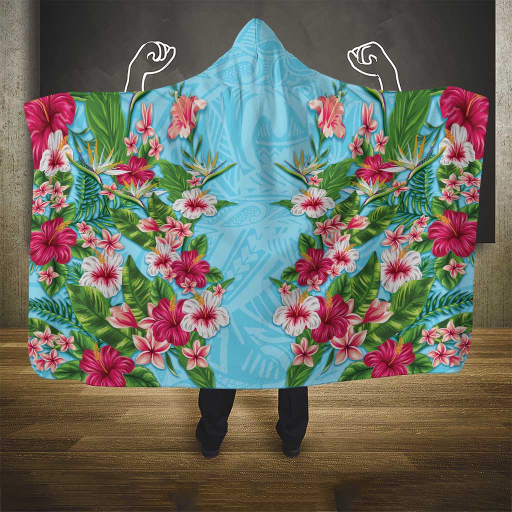 Hawaii Tropical Flowers Hooded Blanket Sky Blue Polynesian Tattoo Art LT05 - Polynesian Pride