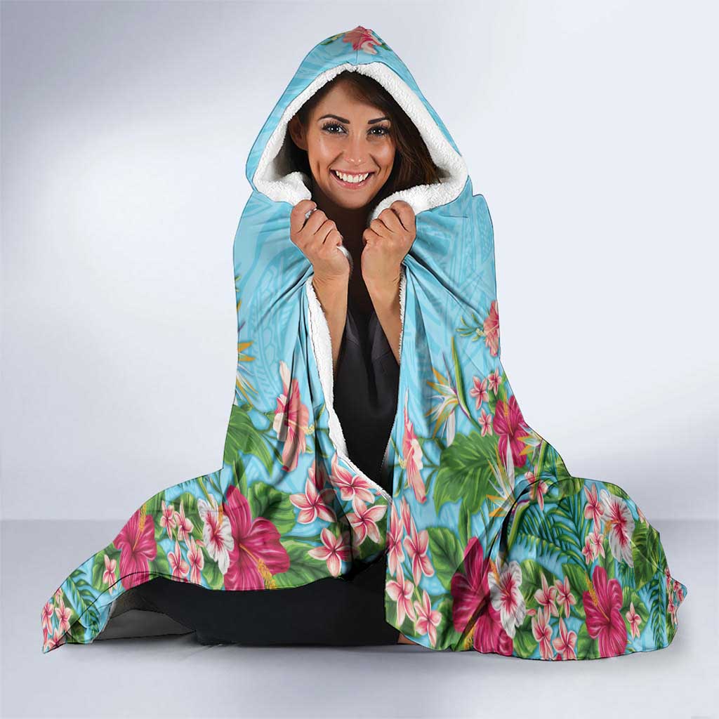 Hawaii Tropical Flowers Hooded Blanket Sky Blue Polynesian Tattoo Art LT05 - Polynesian Pride