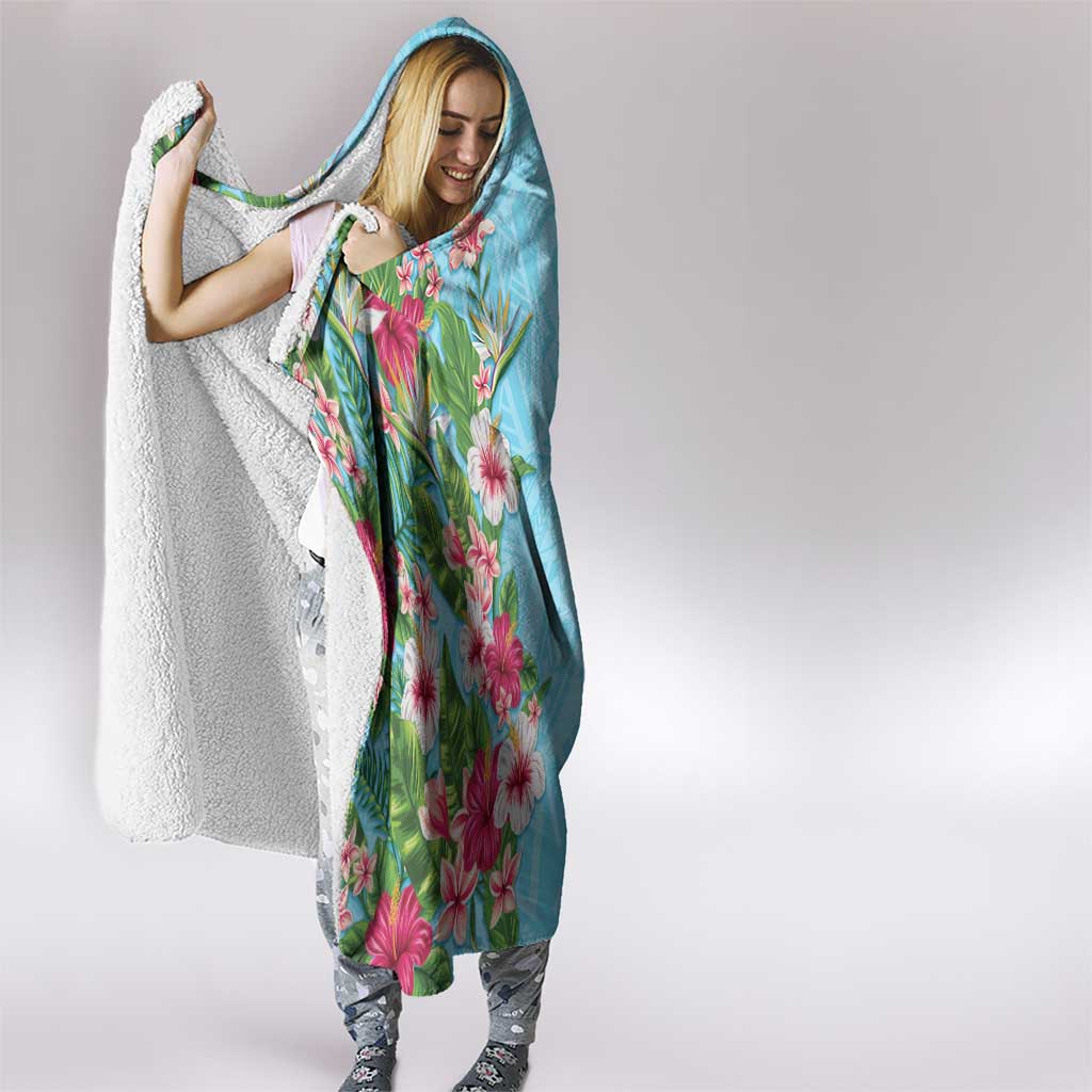 Hawaii Tropical Flowers Hooded Blanket Sky Blue Polynesian Tattoo Art LT05 - Polynesian Pride