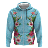 Hawaii Tropical Flowers Hoodie Sky Blue Polynesian Tattoo Art LT05 Zip Hoodie Blue - Polynesian Pride