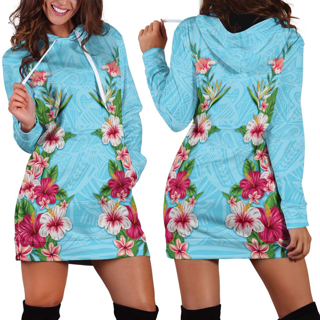 Hawaii Tropical Flowers Hoodie Dress Sky Blue Polynesian Tattoo Art LT05 - Polynesian Pride
