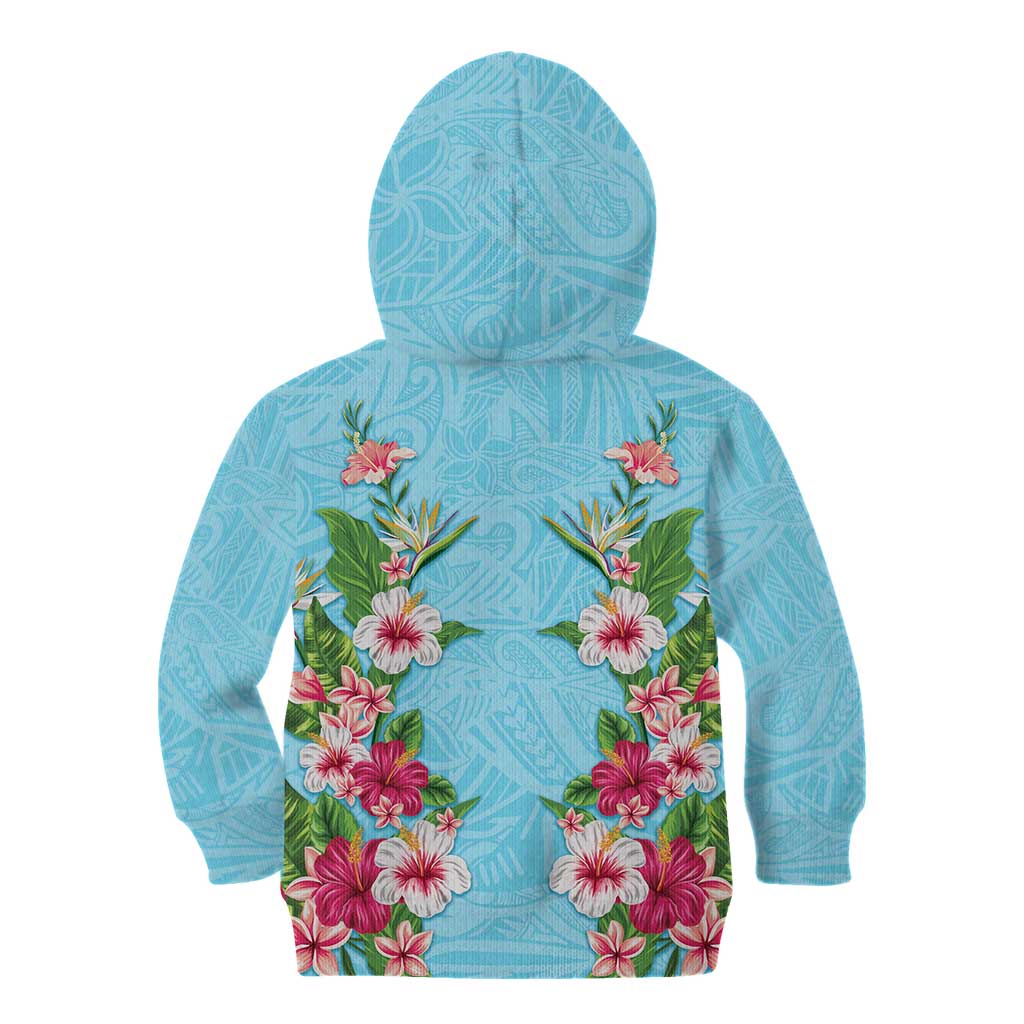 Hawaii Tropical Flowers Kid Hoodie Sky Blue Polynesian Tattoo Art