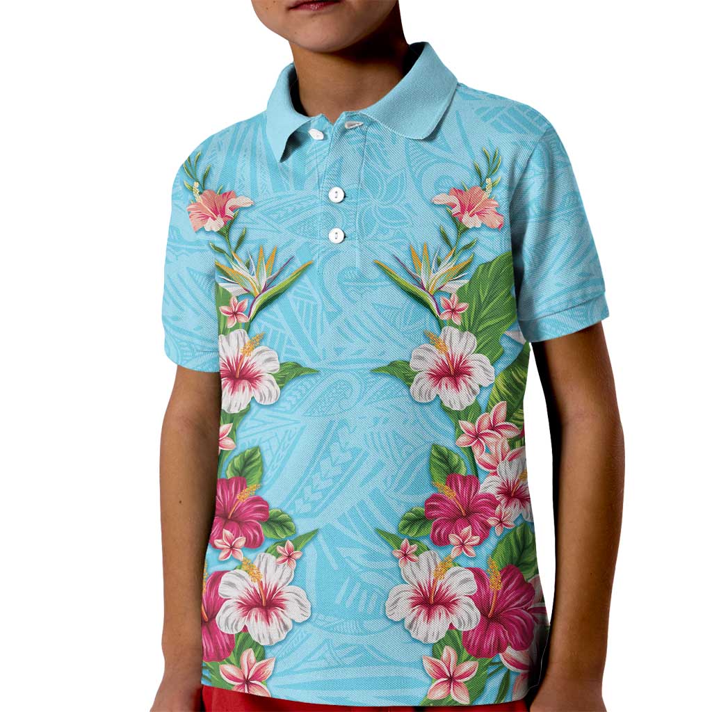 Hawaii Tropical Flowers Kid Polo Shirt Sky Blue Polynesian Tattoo Art LT05 Kid Blue - Polynesian Pride