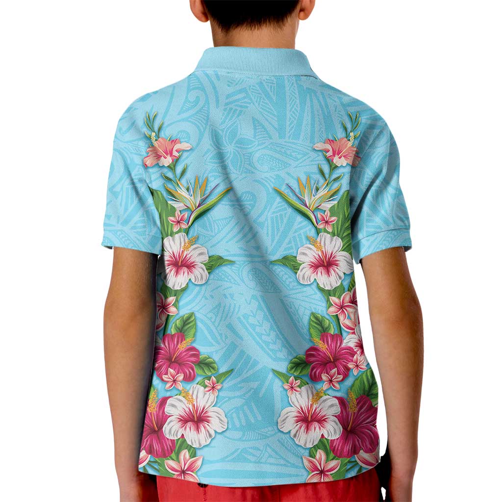 Hawaii Tropical Flowers Kid Polo Shirt Sky Blue Polynesian Tattoo Art LT05 - Polynesian Pride