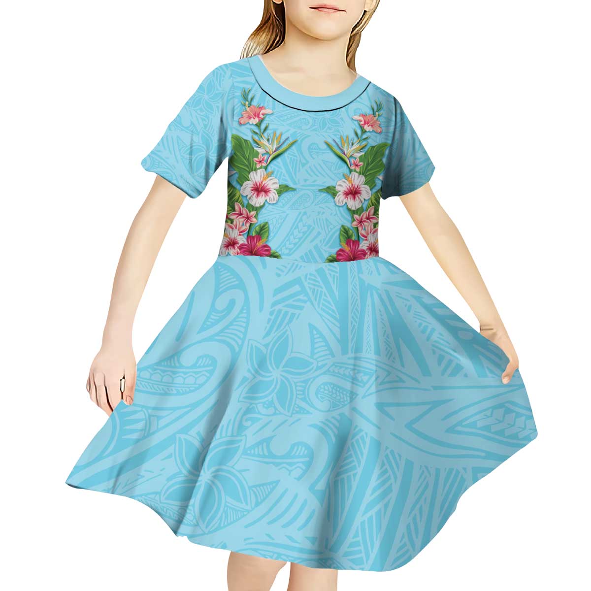Hawaii Tropical Flowers Kid Short Sleeve Dress Sky Blue Polynesian Tattoo Art LT05 - Polynesian Pride