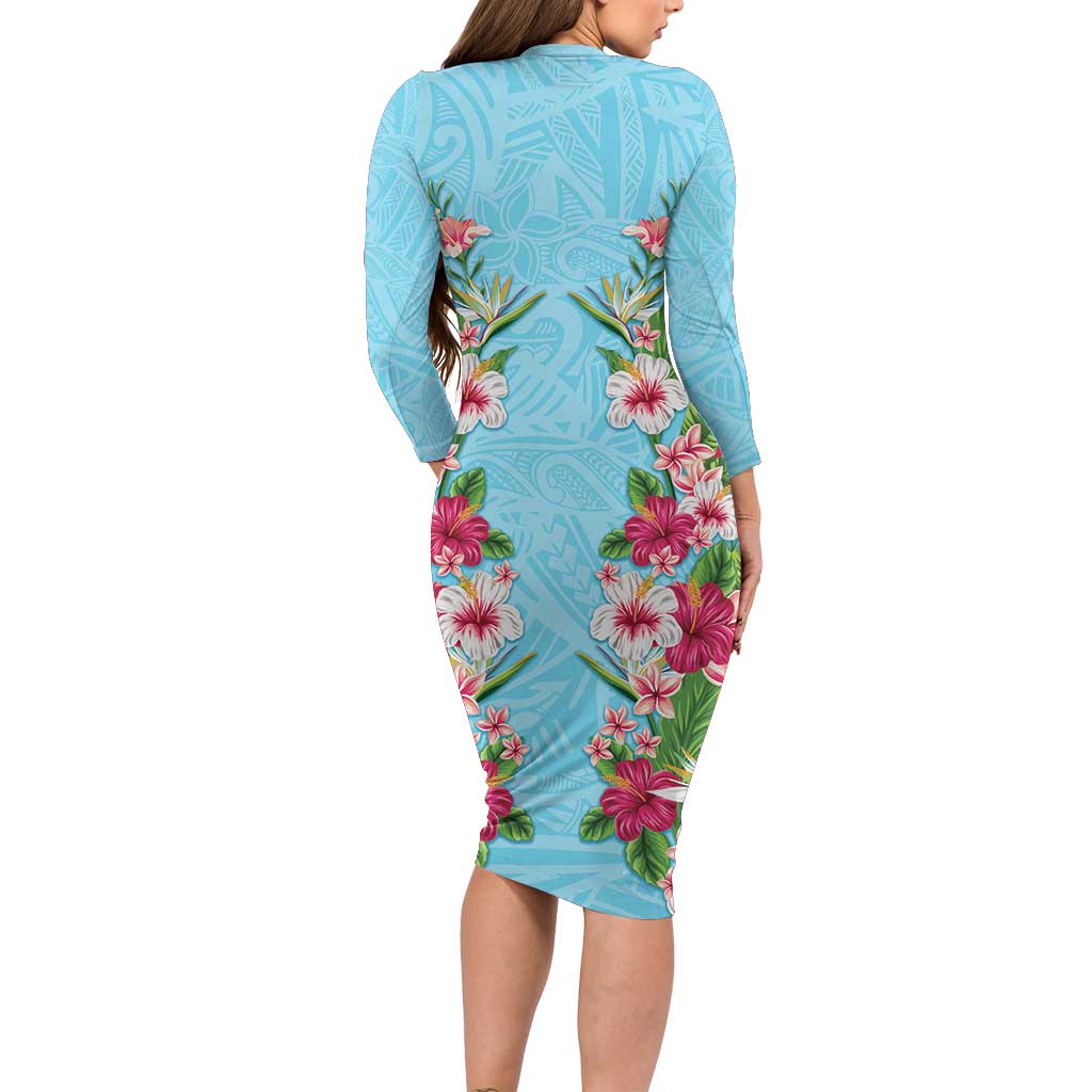 Hawaii Tropical Flowers Long Sleeve Bodycon Dress Sky Blue Polynesian Tattoo Art LT05 - Polynesian Pride