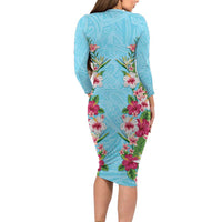 Hawaii Tropical Flowers Long Sleeve Bodycon Dress Sky Blue Polynesian Tattoo Art LT05 - Polynesian Pride