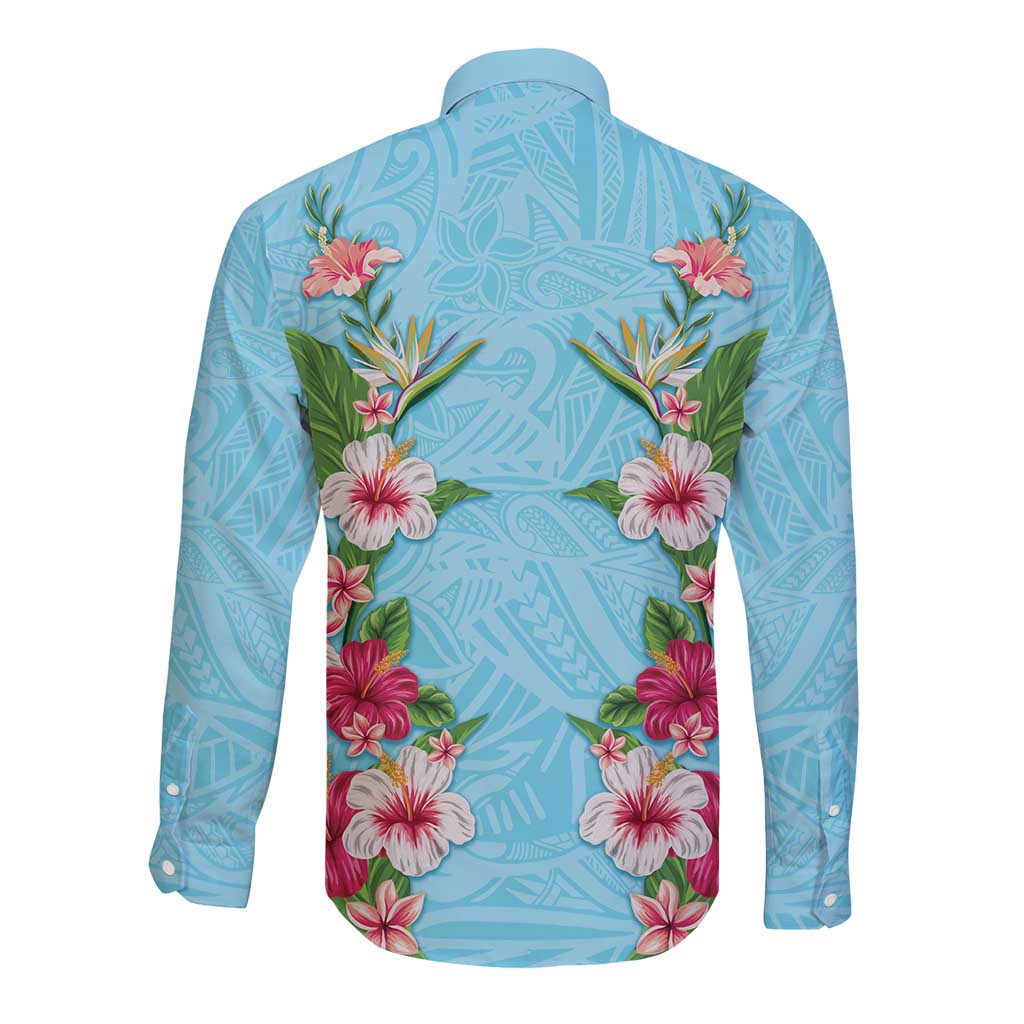 Hawaii Tropical Flowers Long Sleeve Button Shirt Sky Blue Polynesian Tattoo Art LT05 - Polynesian Pride