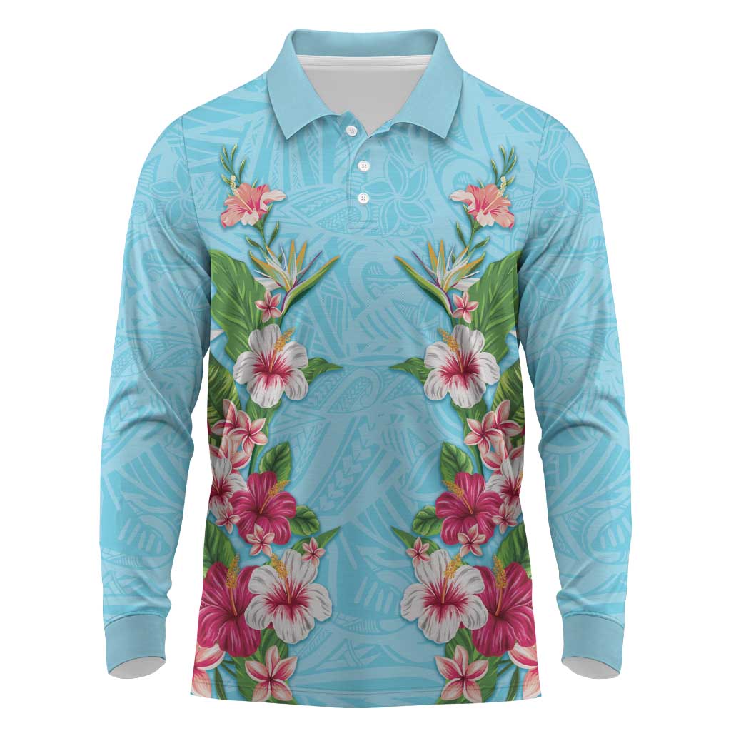 Hawaii Tropical Flowers Long Sleeve Polo Shirt Sky Blue Polynesian Tattoo Art LT05 Blue - Polynesian Pride