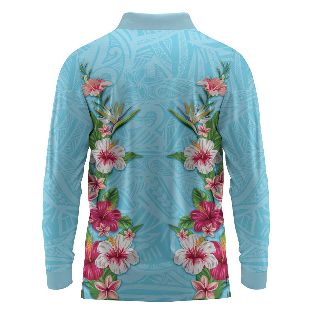 Hawaii Tropical Flowers Long Sleeve Polo Shirt Sky Blue Polynesian Tattoo Art LT05 - Polynesian Pride