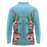 Hawaii Tropical Flowers Long Sleeve Polo Shirt Sky Blue Polynesian Tattoo Art LT05 - Polynesian Pride