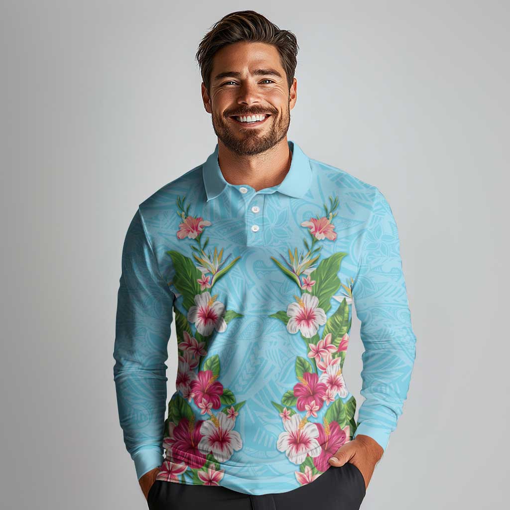 Hawaii Tropical Flowers Long Sleeve Polo Shirt Sky Blue Polynesian Tattoo Art LT05 - Polynesian Pride