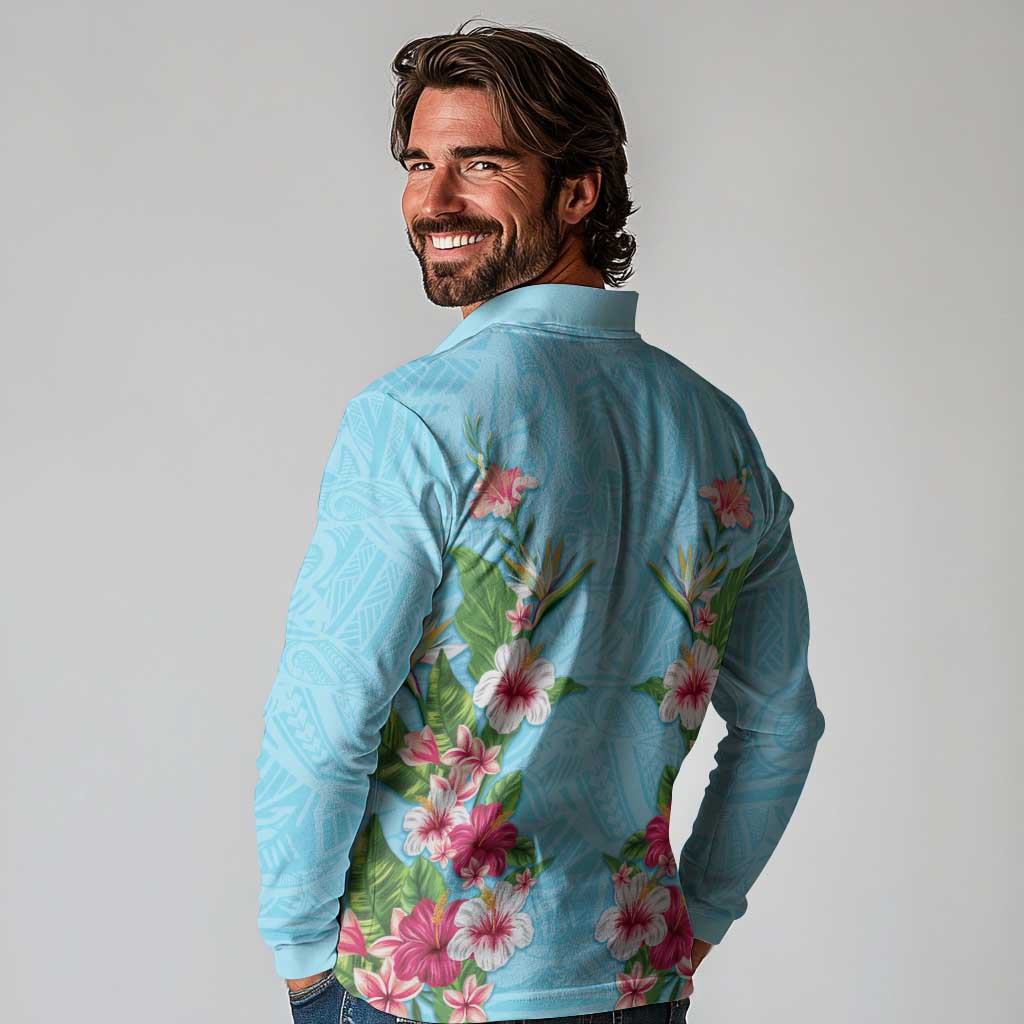Hawaii Tropical Flowers Long Sleeve Polo Shirt Sky Blue Polynesian Tattoo Art LT05 - Polynesian Pride