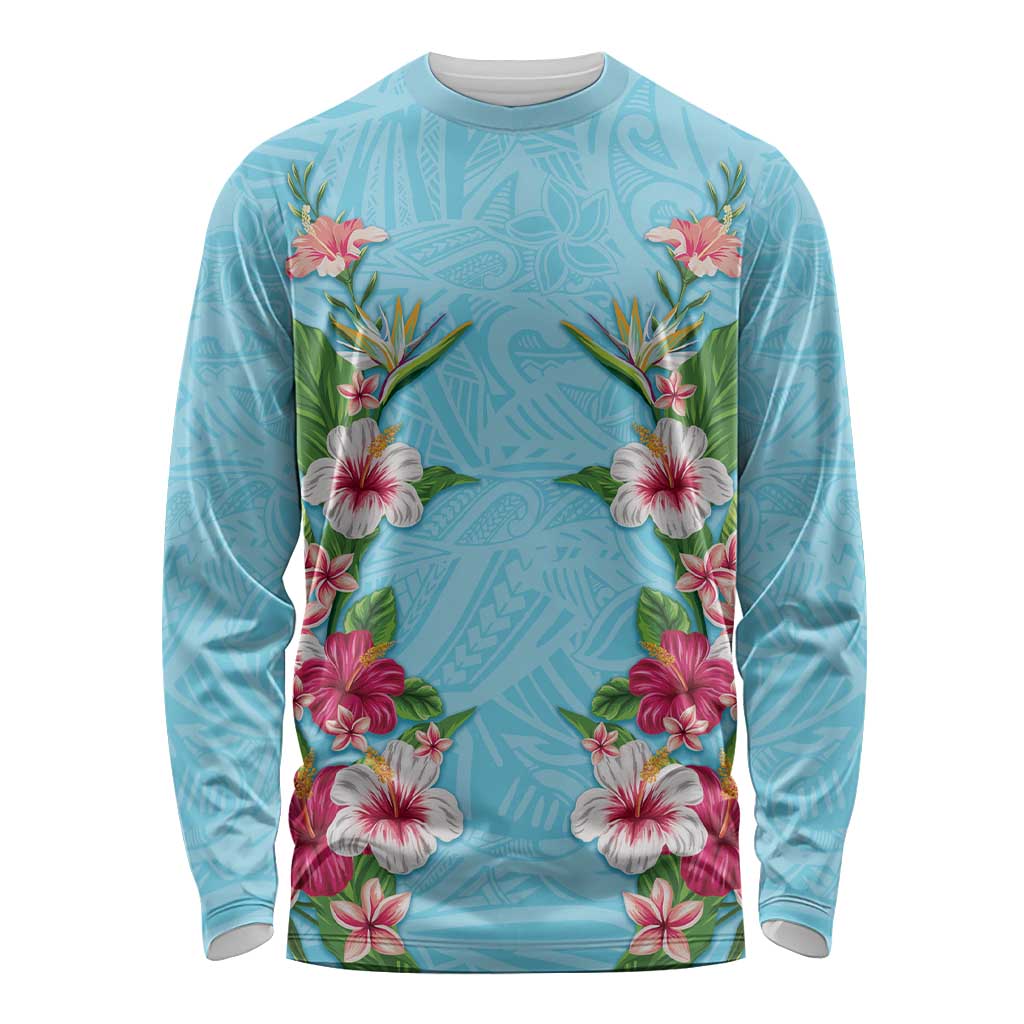 Hawaii Tropical Flowers Long Sleeve Shirt Sky Blue Polynesian Tattoo Art LT05 Unisex Blue - Polynesian Pride