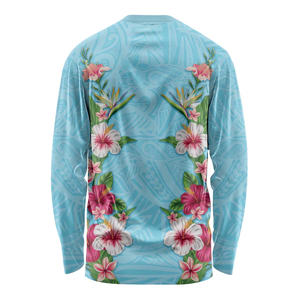 Hawaii Tropical Flowers Long Sleeve Shirt Sky Blue Polynesian Tattoo Art LT05 - Polynesian Pride