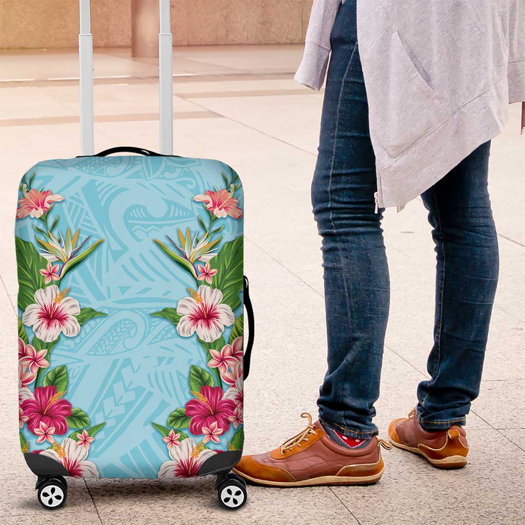 Hawaii Tropical Flowers Luggage Cover Sky Blue Polynesian Tattoo Art LT05 Blue - Polynesian Pride