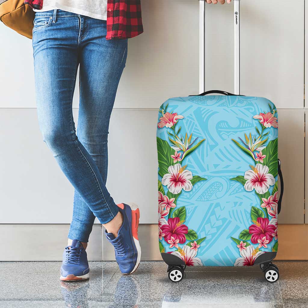 Hawaii Tropical Flowers Luggage Cover Sky Blue Polynesian Tattoo Art LT05 - Polynesian Pride