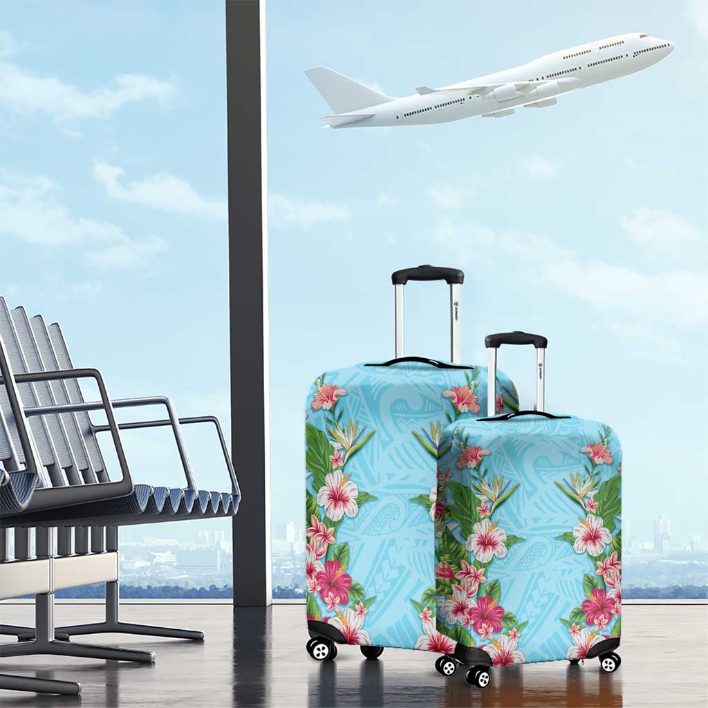 Hawaii Tropical Flowers Luggage Cover Sky Blue Polynesian Tattoo Art LT05 - Polynesian Pride
