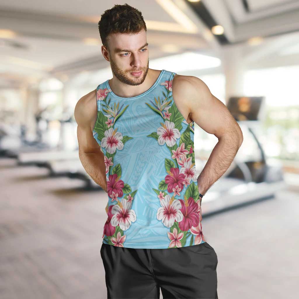 Hawaii Tropical Flowers Men Tank Top Sky Blue Polynesian Tattoo Art LT05 Blue - Polynesian Pride