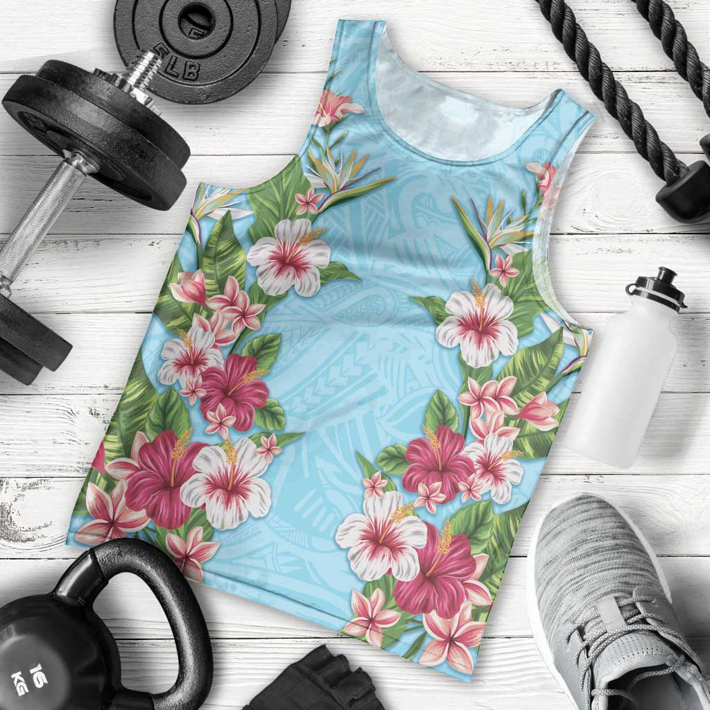 Hawaii Tropical Flowers Men Tank Top Sky Blue Polynesian Tattoo Art LT05 - Polynesian Pride