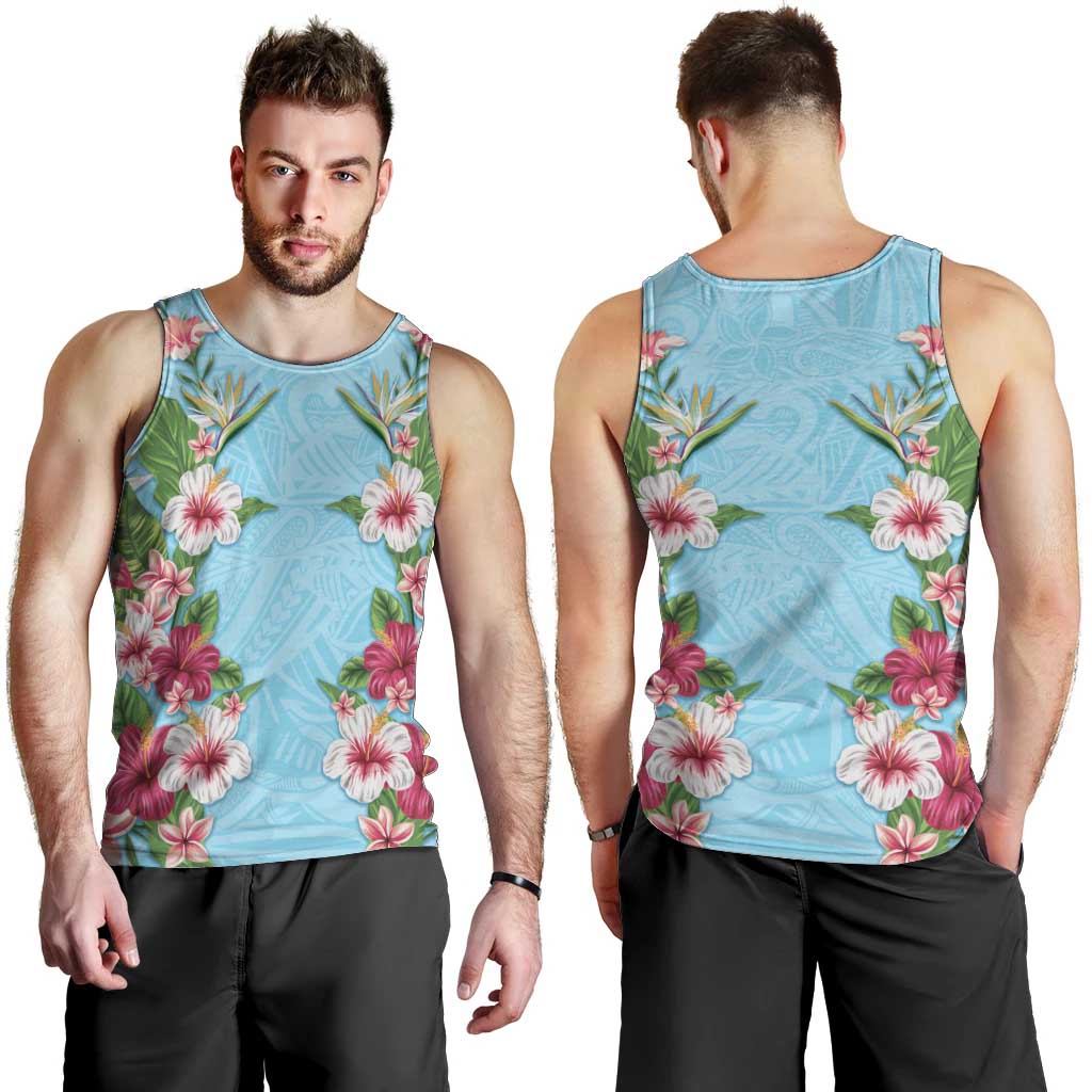 Hawaii Tropical Flowers Men Tank Top Sky Blue Polynesian Tattoo Art LT05 - Polynesian Pride