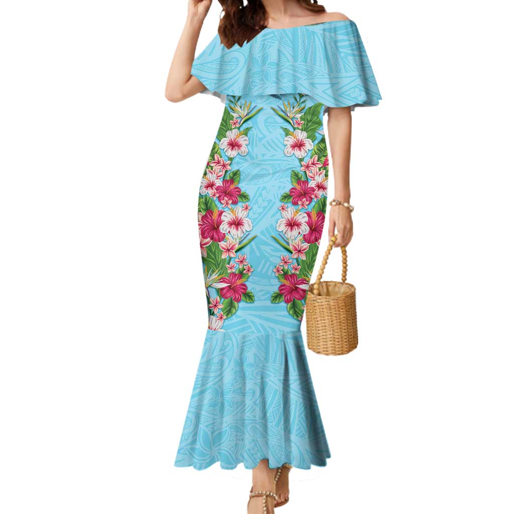 Hawaii Tropical Flowers Mermaid Dress Sky Blue Polynesian Tattoo Art LT05 Women Blue - Polynesian Pride