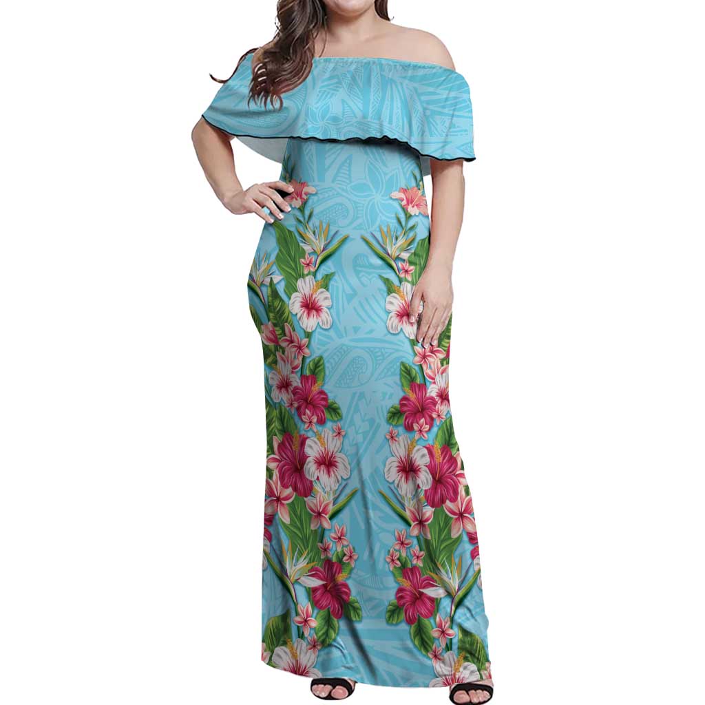 Hawaii Tropical Flowers Off Shoulder Maxi Dress Sky Blue Polynesian Tattoo Art LT05 Women Blue - Polynesian Pride