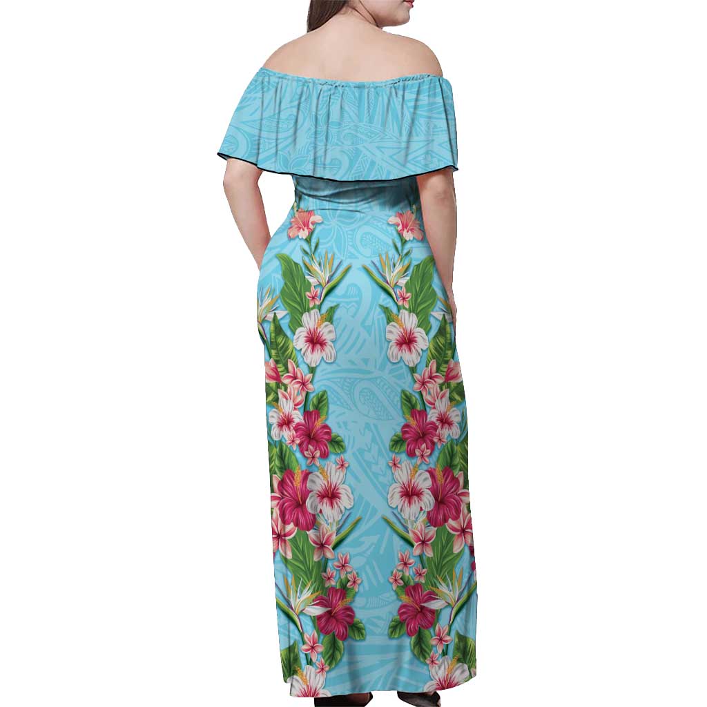 Hawaii Tropical Flowers Off Shoulder Maxi Dress Sky Blue Polynesian Tattoo Art LT05 - Polynesian Pride